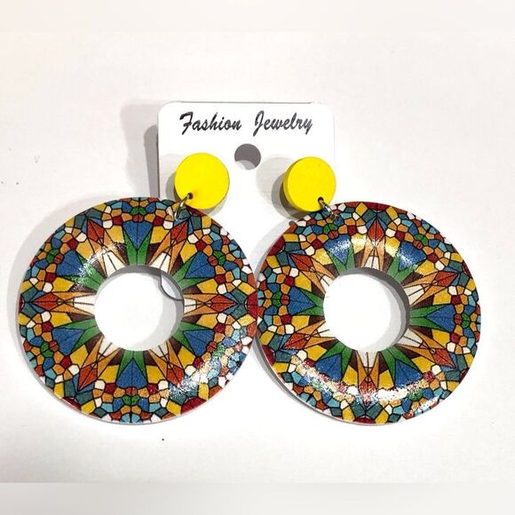 Boho Festive Multicolored Wooden Hoop Dangle Earrings - 210 - Picture 1 of 7